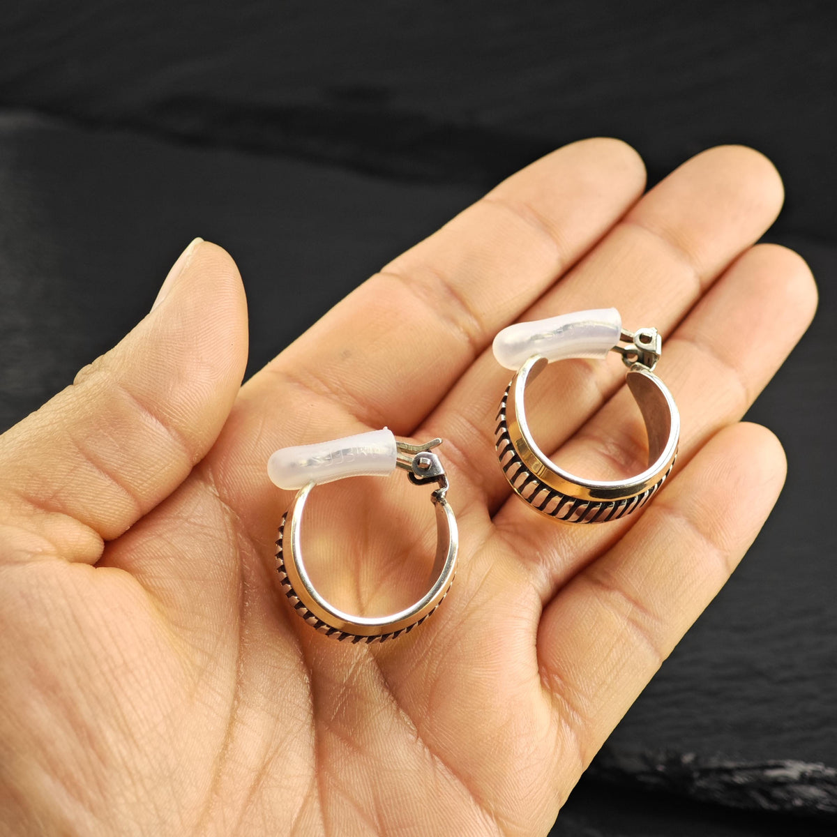 Vintage Navajo Leonard Scnallie 14k Gold Accent Hoops Sterling Silver Earrings ER3239