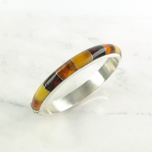 DTR Sterling Silver Bangle Bracelet Orange Amber Inlay