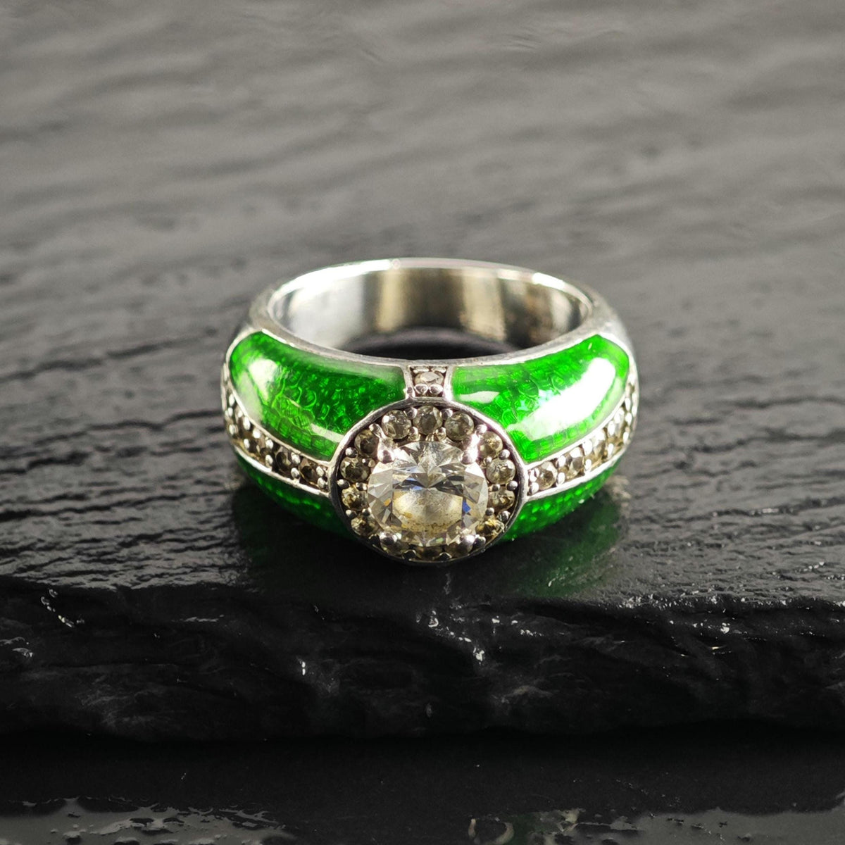 Hallmark Green Enamel CZ Sterling Silver Ring Sz 6 R6824