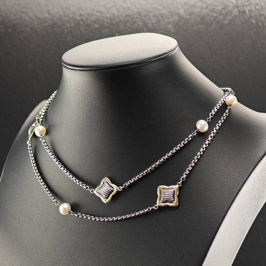 Vintage White Pearl, Gold Accent Necklace Sterling Silver