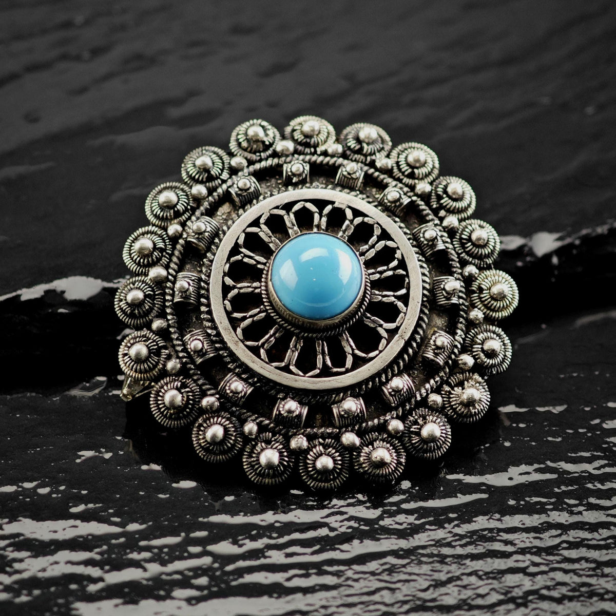 Block Turquoise Cabochon Sterling Silver Brooch/Pendant B2277