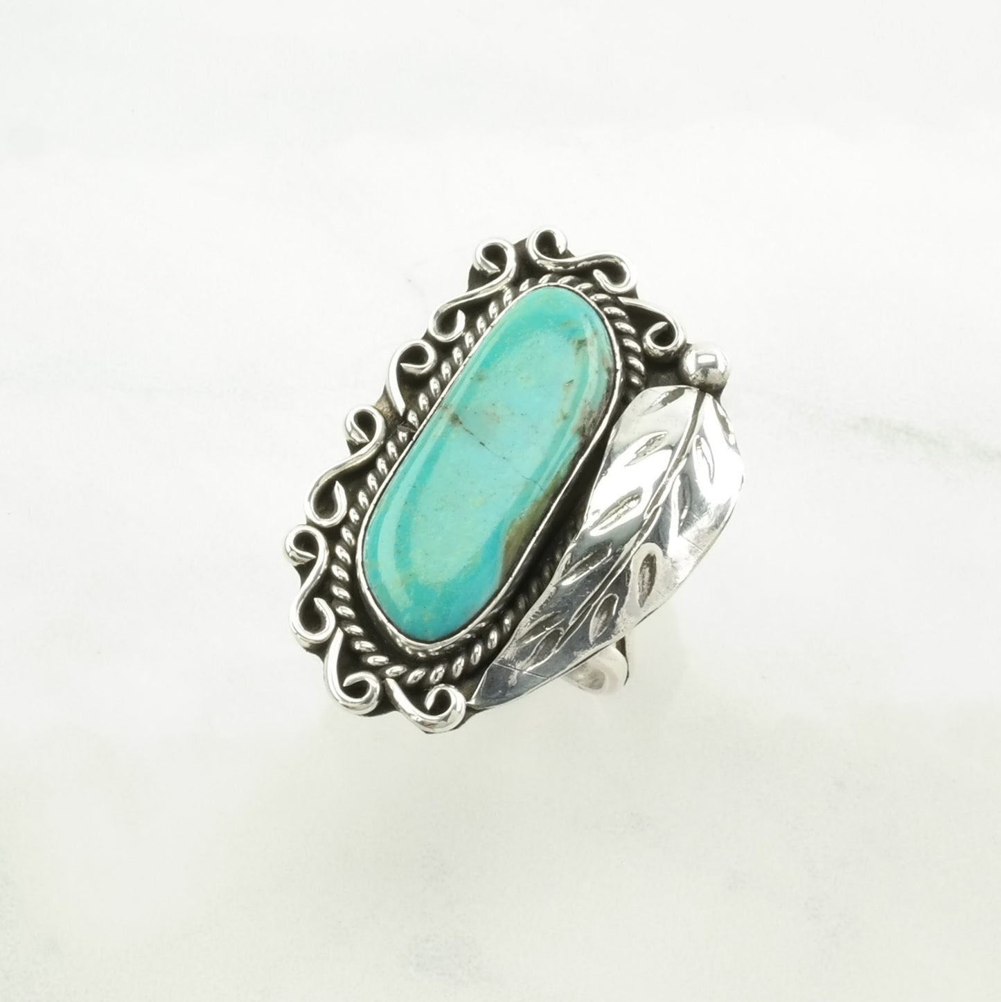 Native American Silver Ring Turquoise Leaf Sterling Blue Size 7