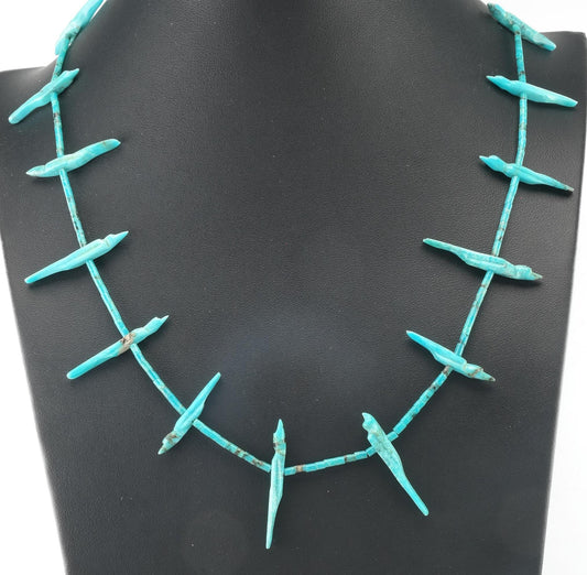 Vintage Zuni Blue Carved Turquoise Heishi Fetish Sterling Silver Necklace