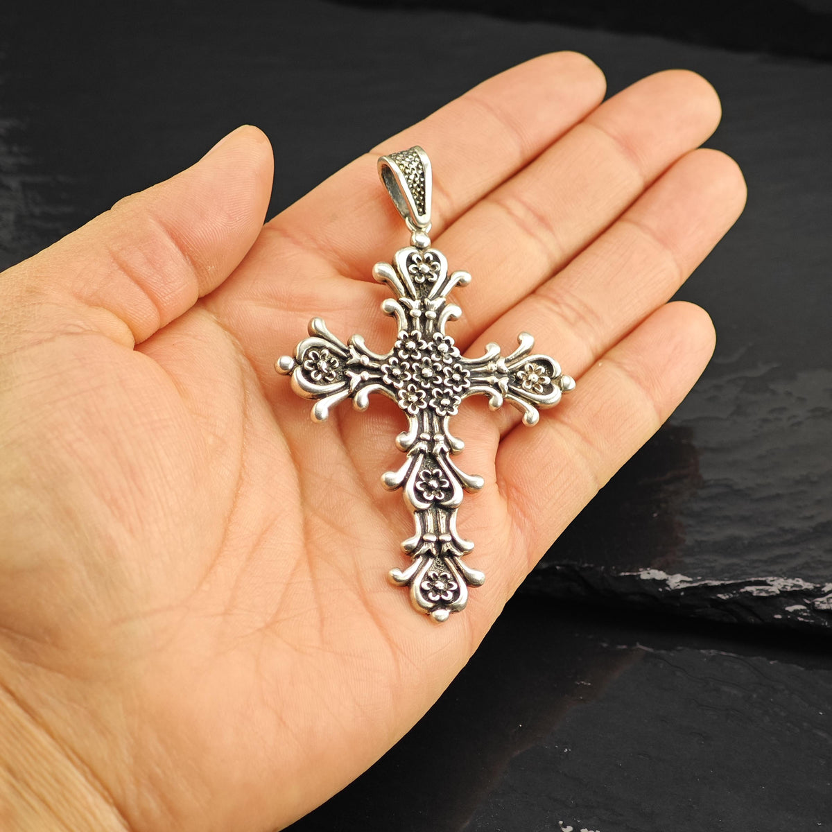 Taxco Floral Cross Sterling Silver Pendant P3138