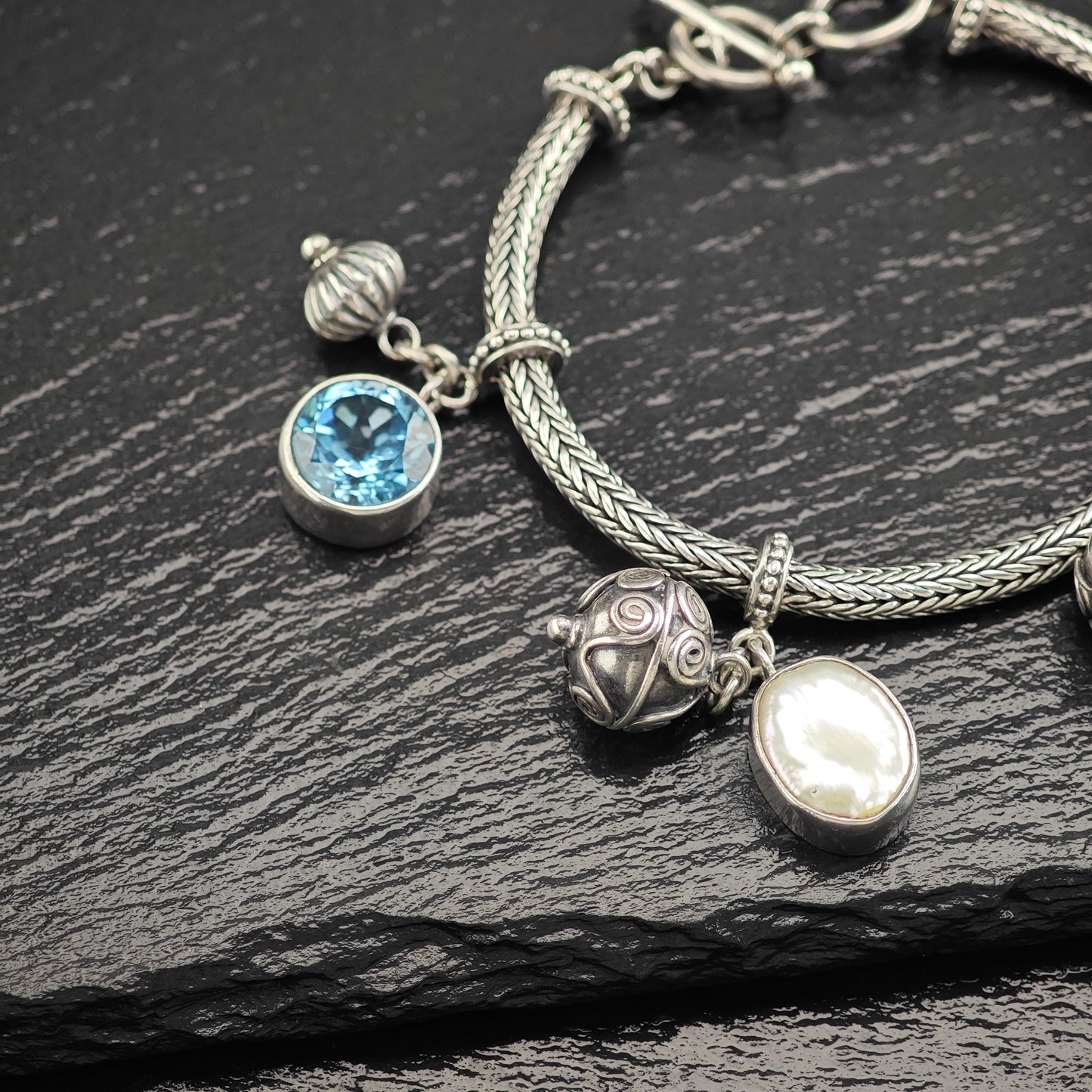 Vintage Topaz, Amethyst, Pearl, Charm Bracelet Sterling Silver