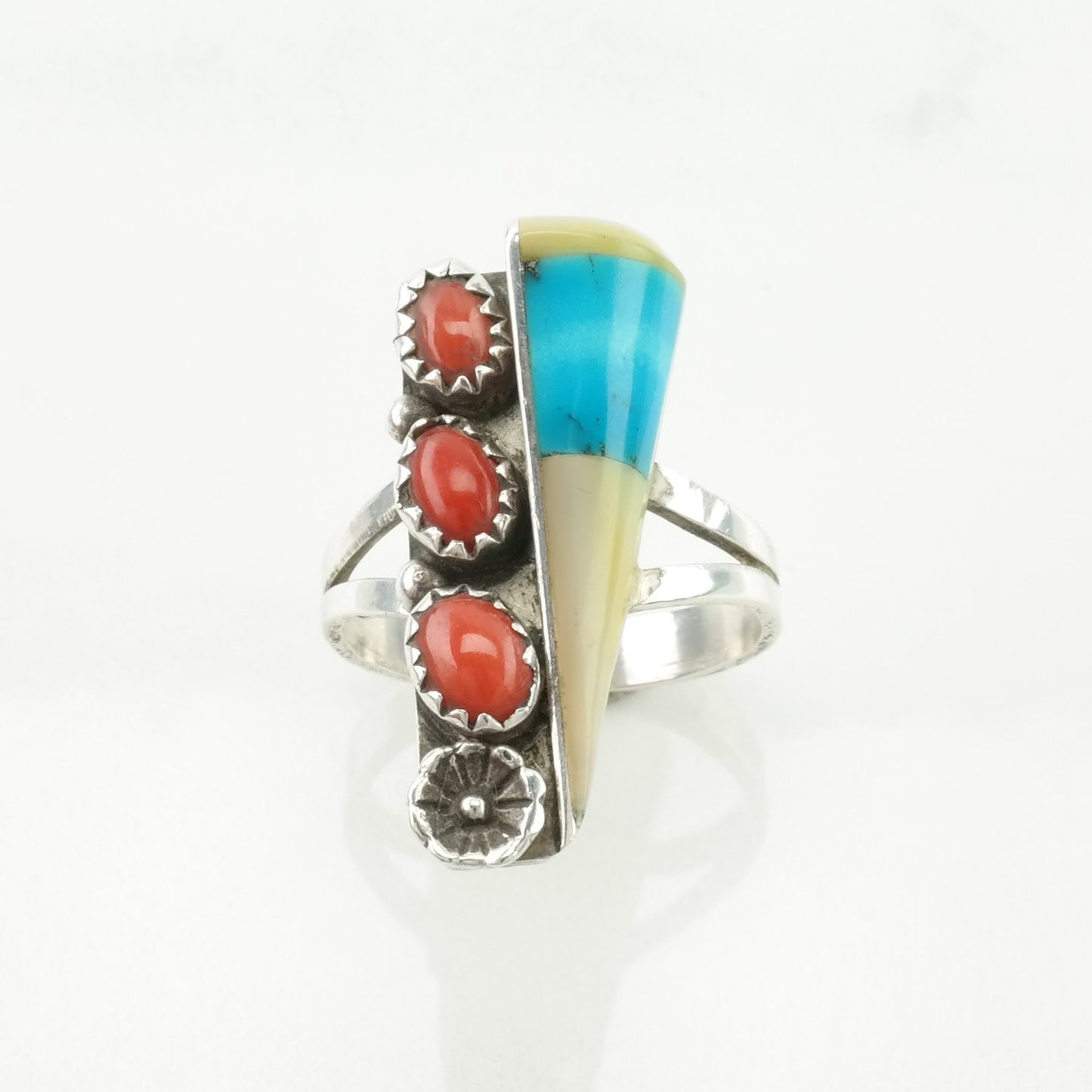 Native American Silver Ring Turquoise, Coral, MOP Inlay Sterling Size 7