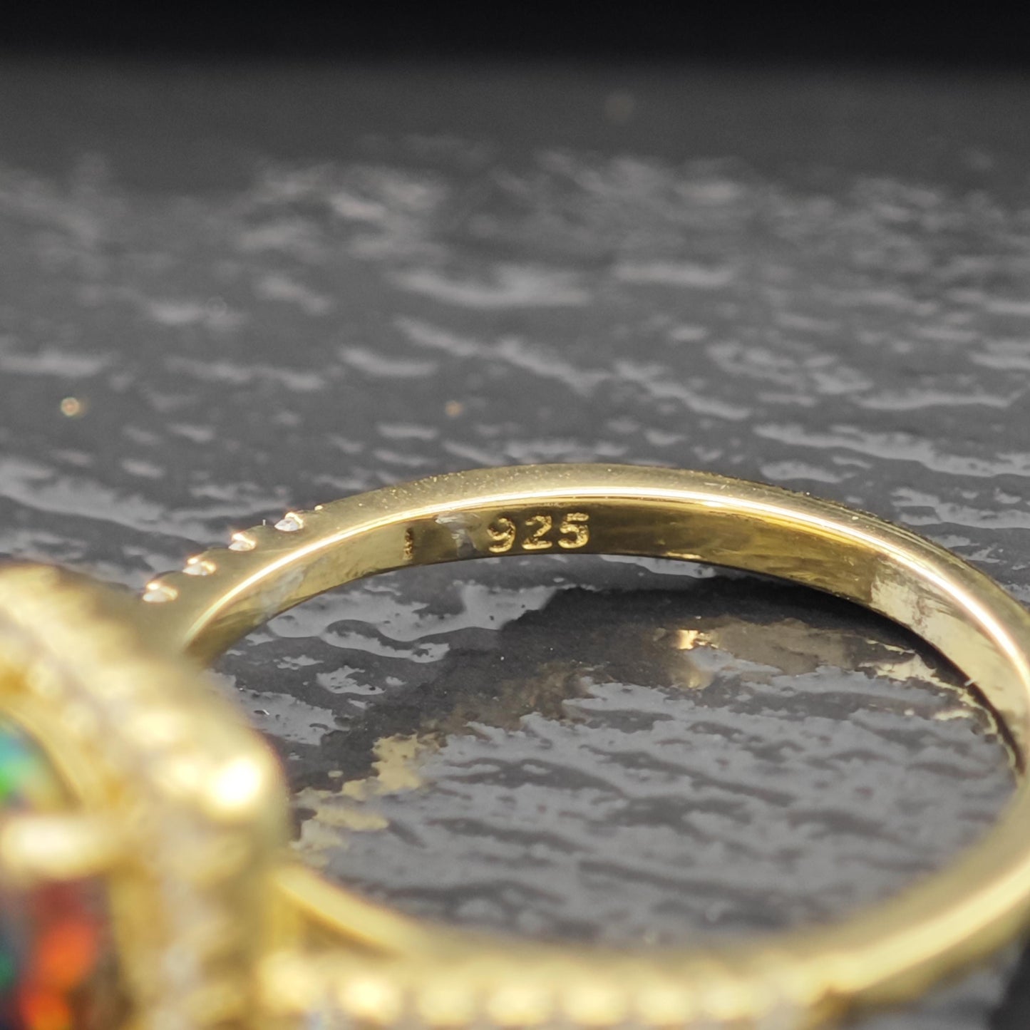 Lab Black Opal Halo 14K Gold Plated Ring Sterling Silver Sz 7 1/2 R6178