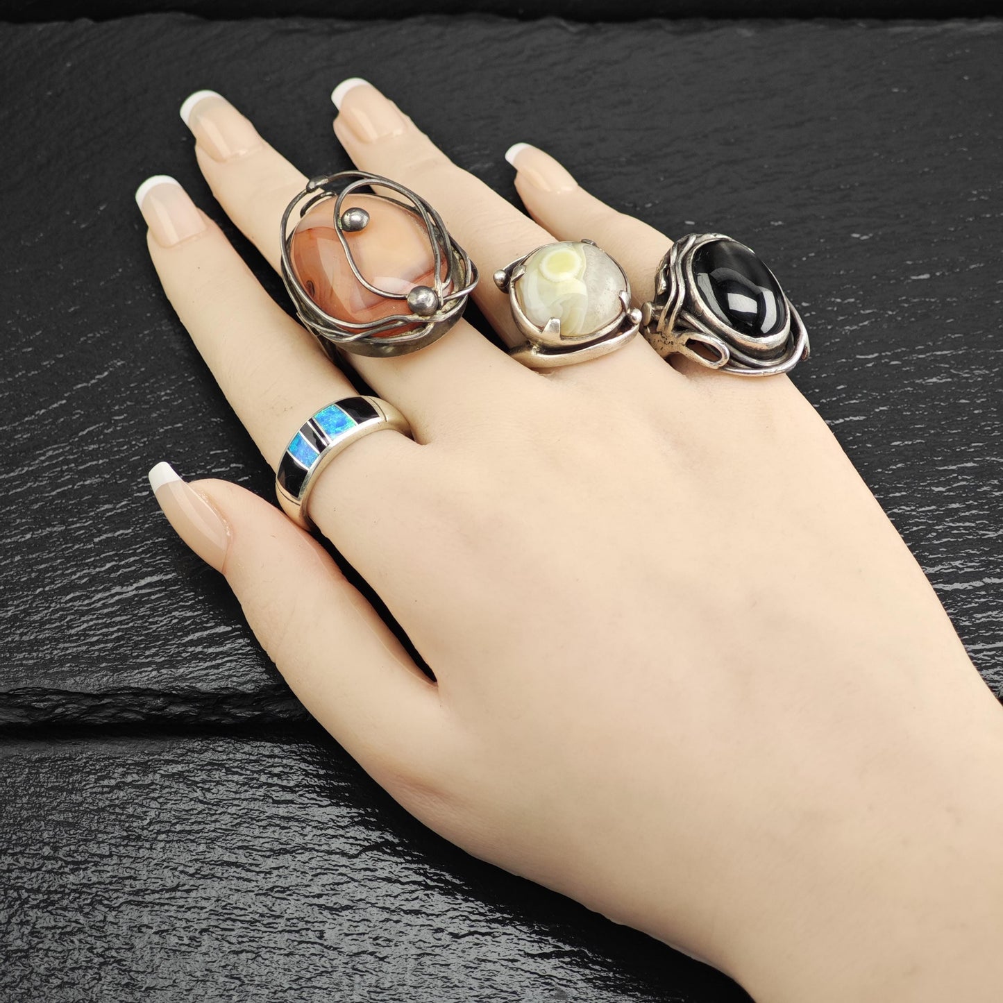 Black Cats Eye Quartz Modernist Sterling Silver Ring Sz 8 R6637