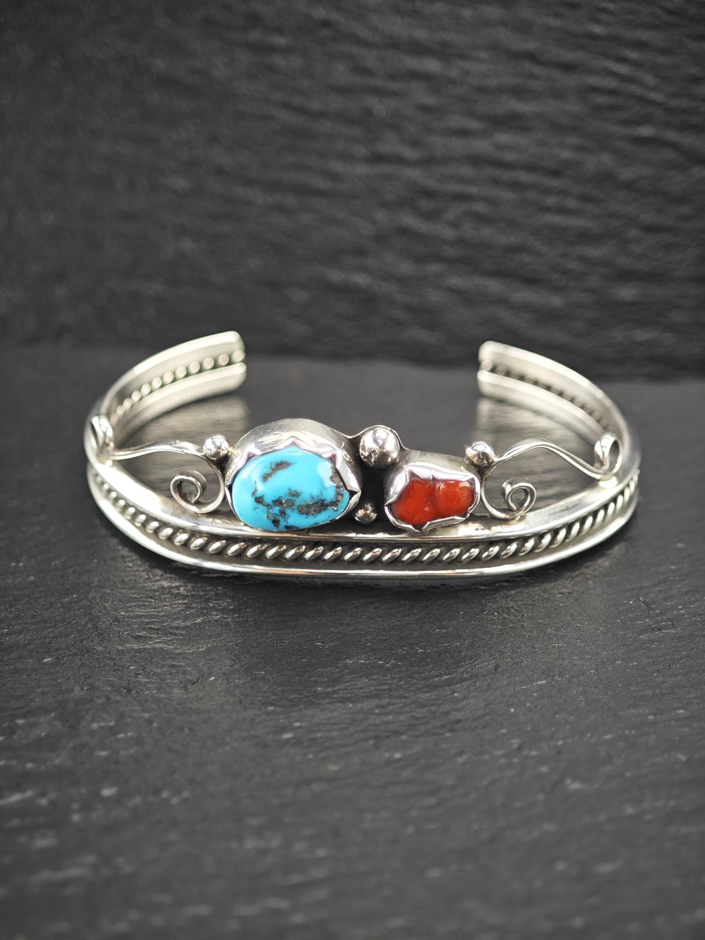 Navajo, Native American Turquoise, Coral Cuff Bracelet Sterling Silver