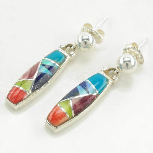 Ferris Multi Color Multi Gemstone Inlay Earrings Stud, Dangle Sterling Silver