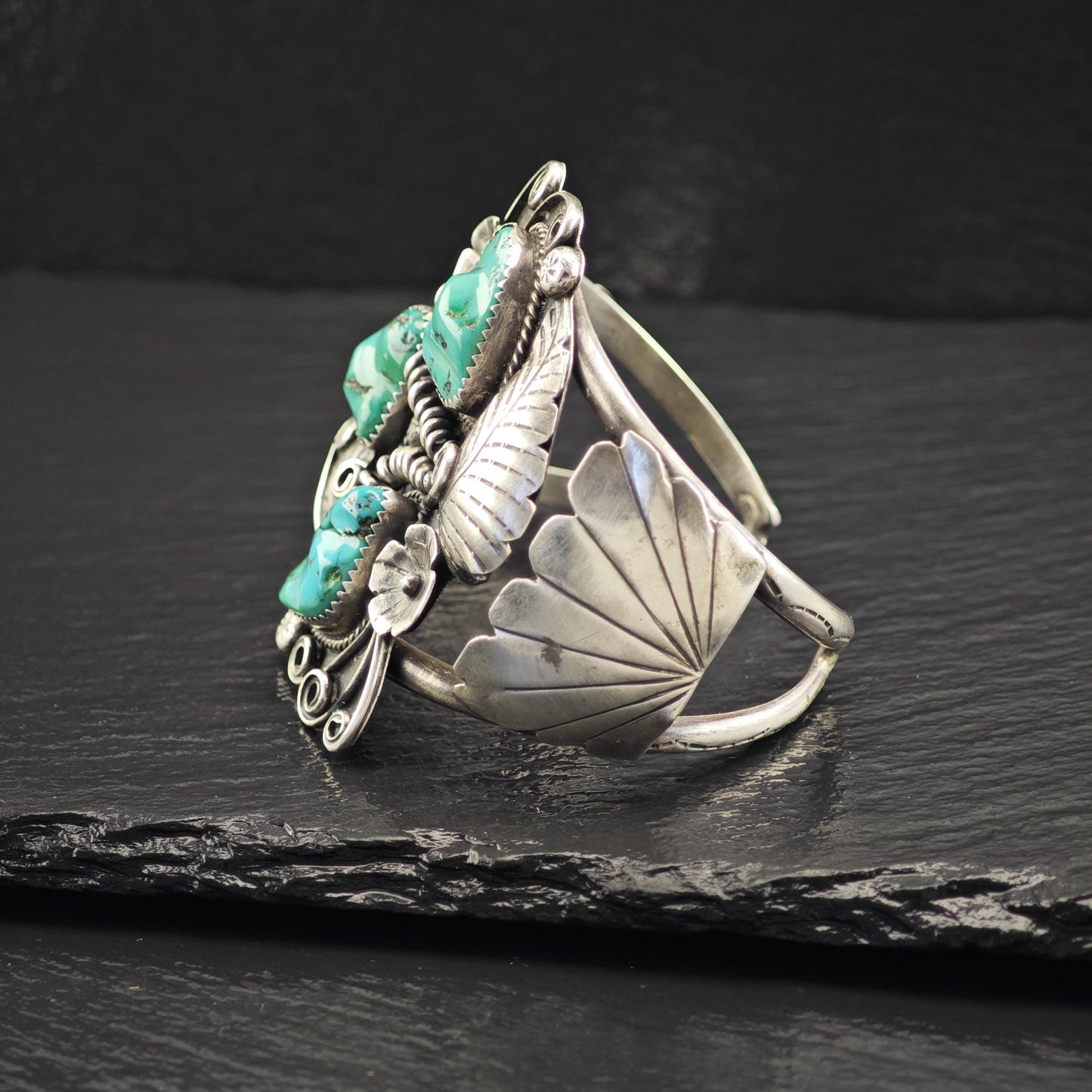 Native American Blue Turquoise Floral Cuff Bracelet Sterling Silver