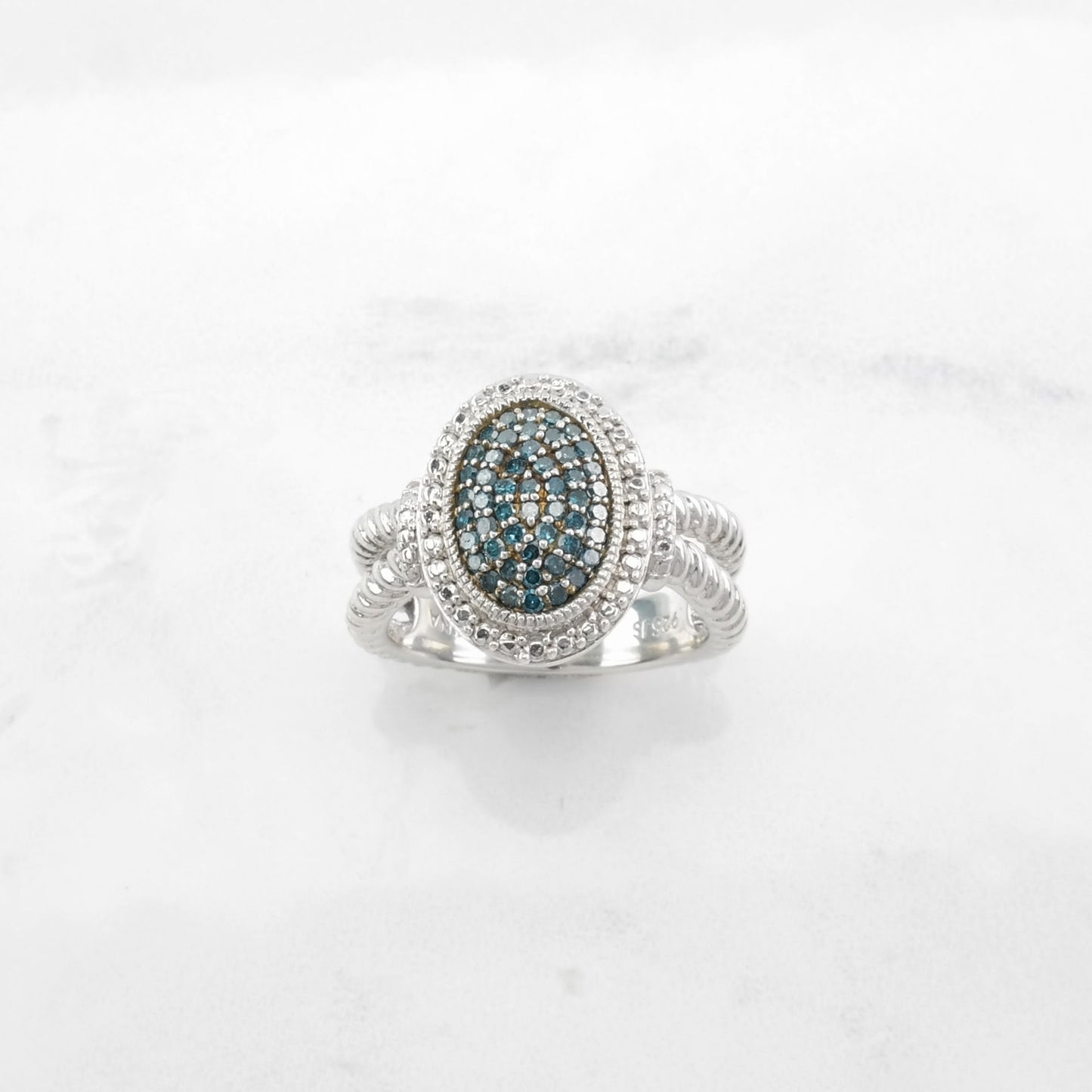 Sterling Silver Ring, Diamond Oval shape Blue Size 5