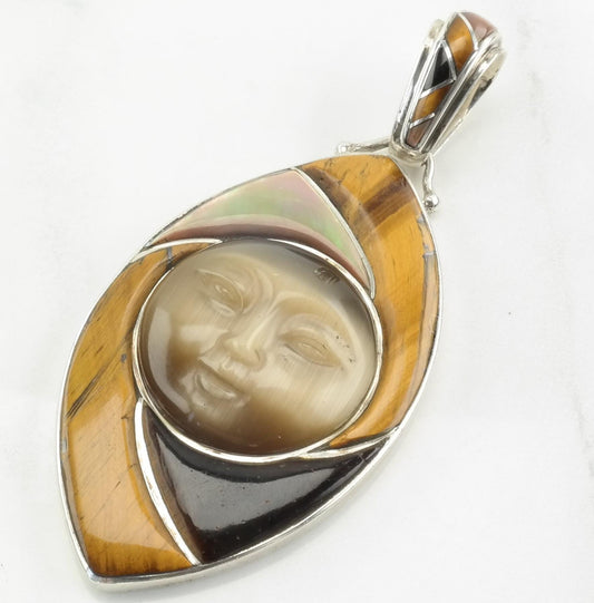 Vintage Sajen Abalone Tiger's Eye Quartz Carved Face Sterling Silver Pendant