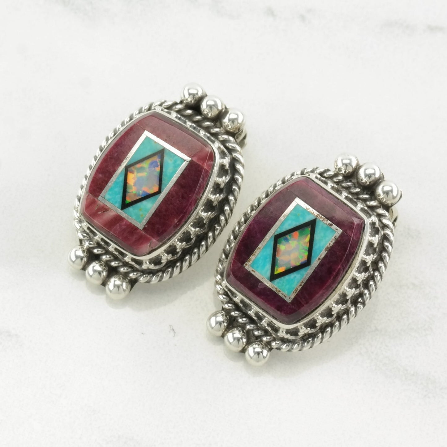 Southwest Sterling Silver Opal, Multi Gem Intarsia, Inlay Earrings Clip on