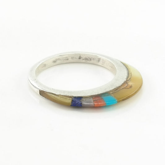 Native American Silver Ring MOP, Coral, Turquoise Inlay, 3 Dimensional Sterling Size 5 1/2