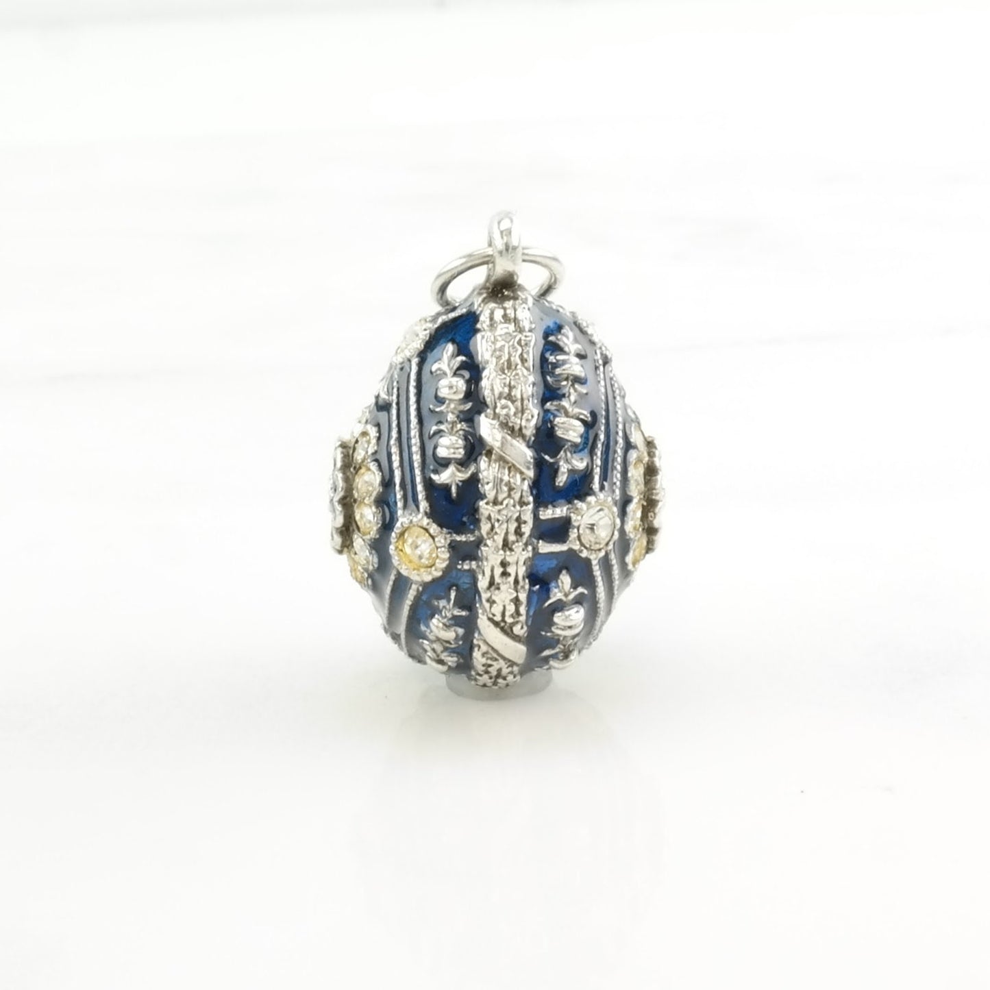 Vintage Enamel, CZ Egg, Floral Sterling Silver Pendant