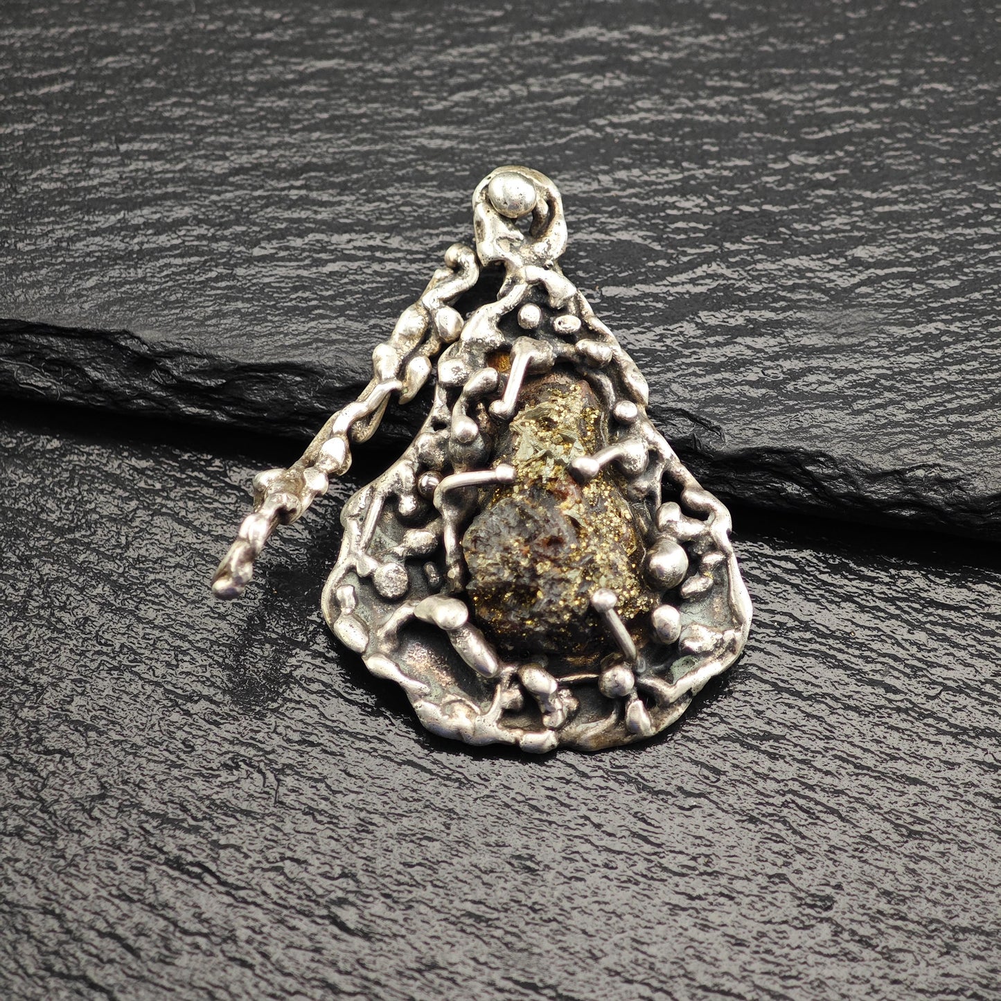 Vintage Sterling Silver Druzy Pendant Unique Brutalist Design