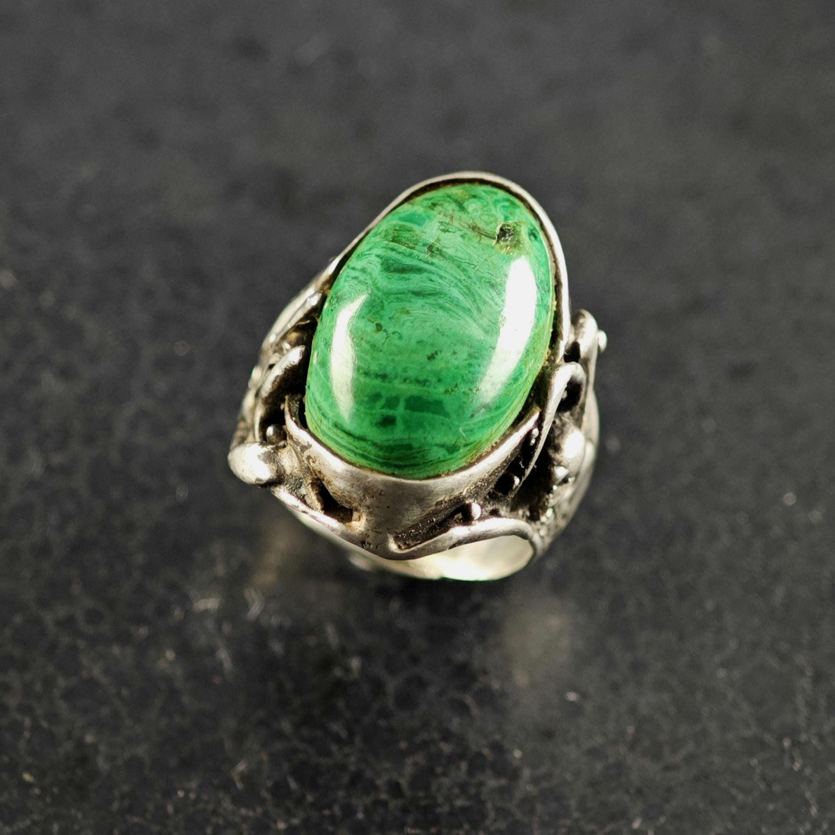Brutalist Malachite Sterling Silver Ring Sz 7 R6878