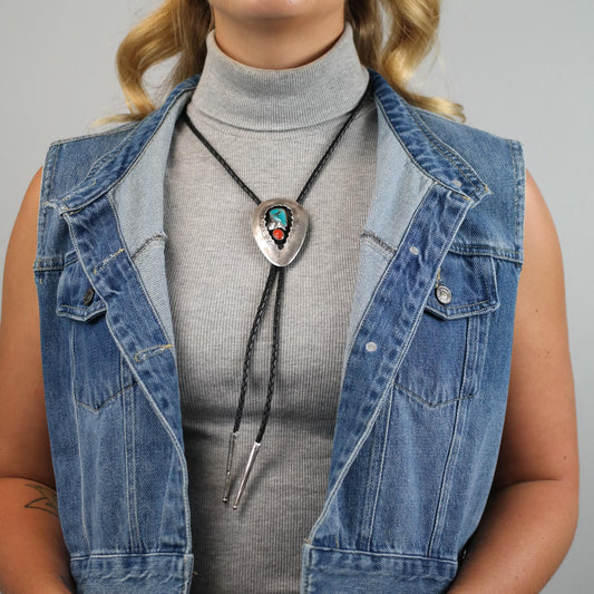 Vintage Native American Sterling Silver Floral, Turquoise, Coral Shadowbox Bolo Tie Necklace N2748