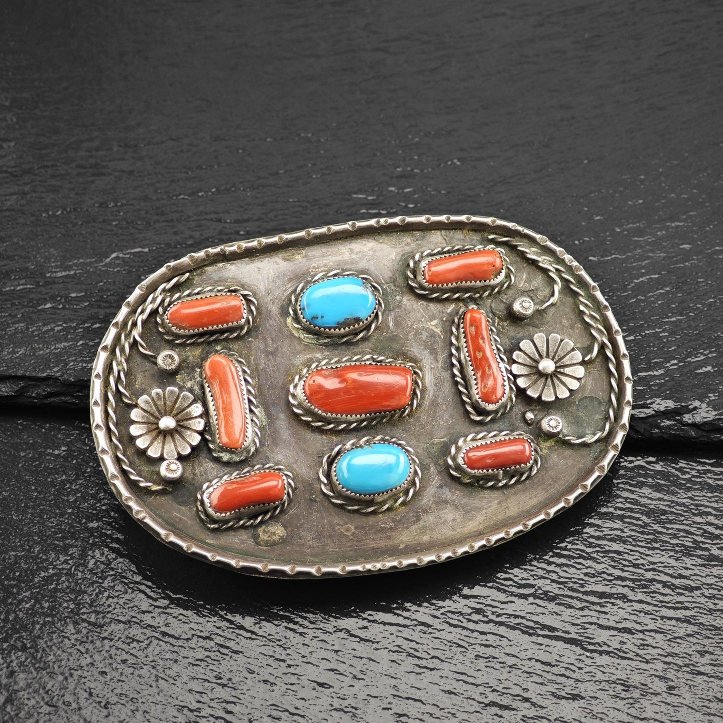 Large Sterling Silver Belt Buckle with Turquoise Coral Floral Design Native American Style