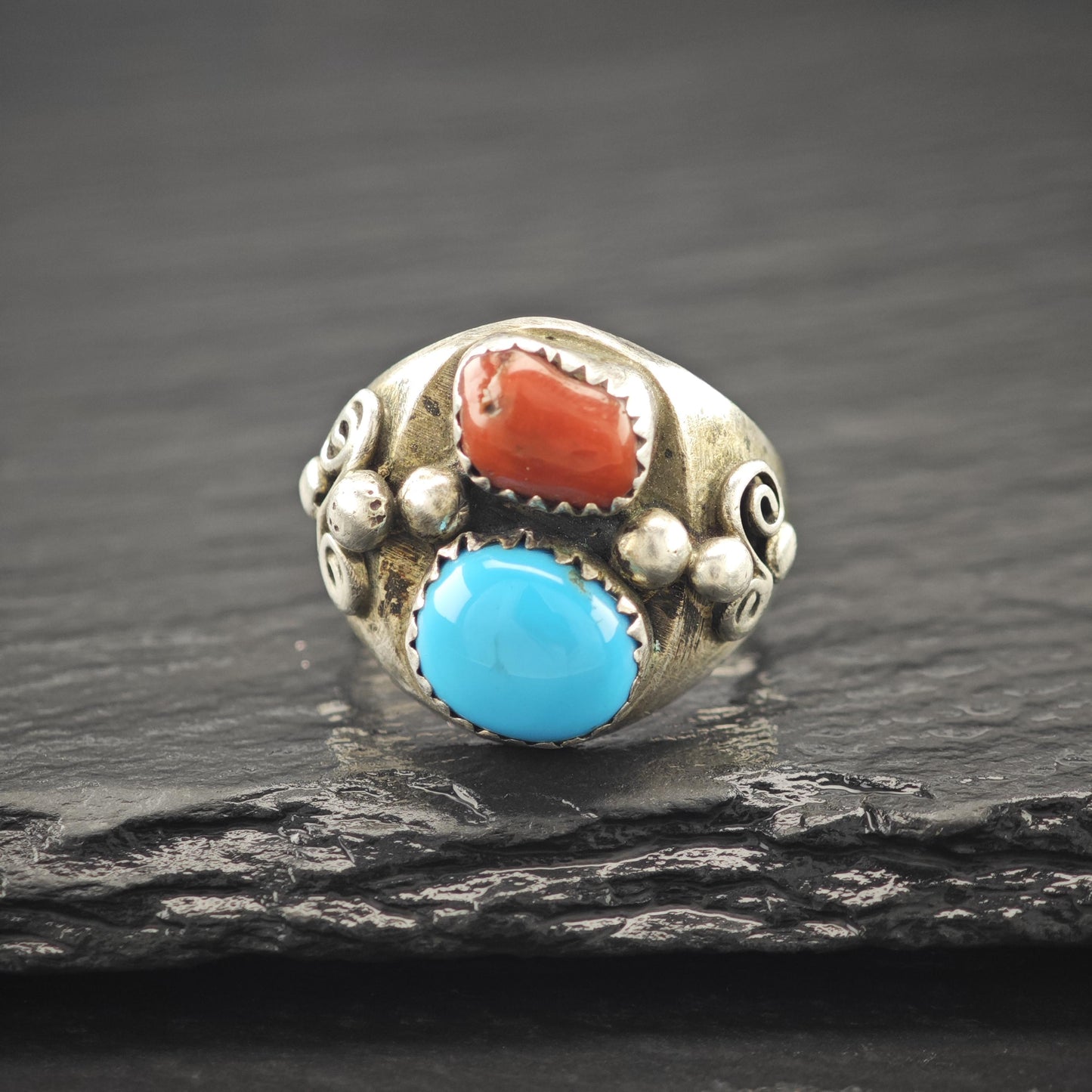 Native American Turquoise, Coral Ring Sterling Silver Size 8 1/2