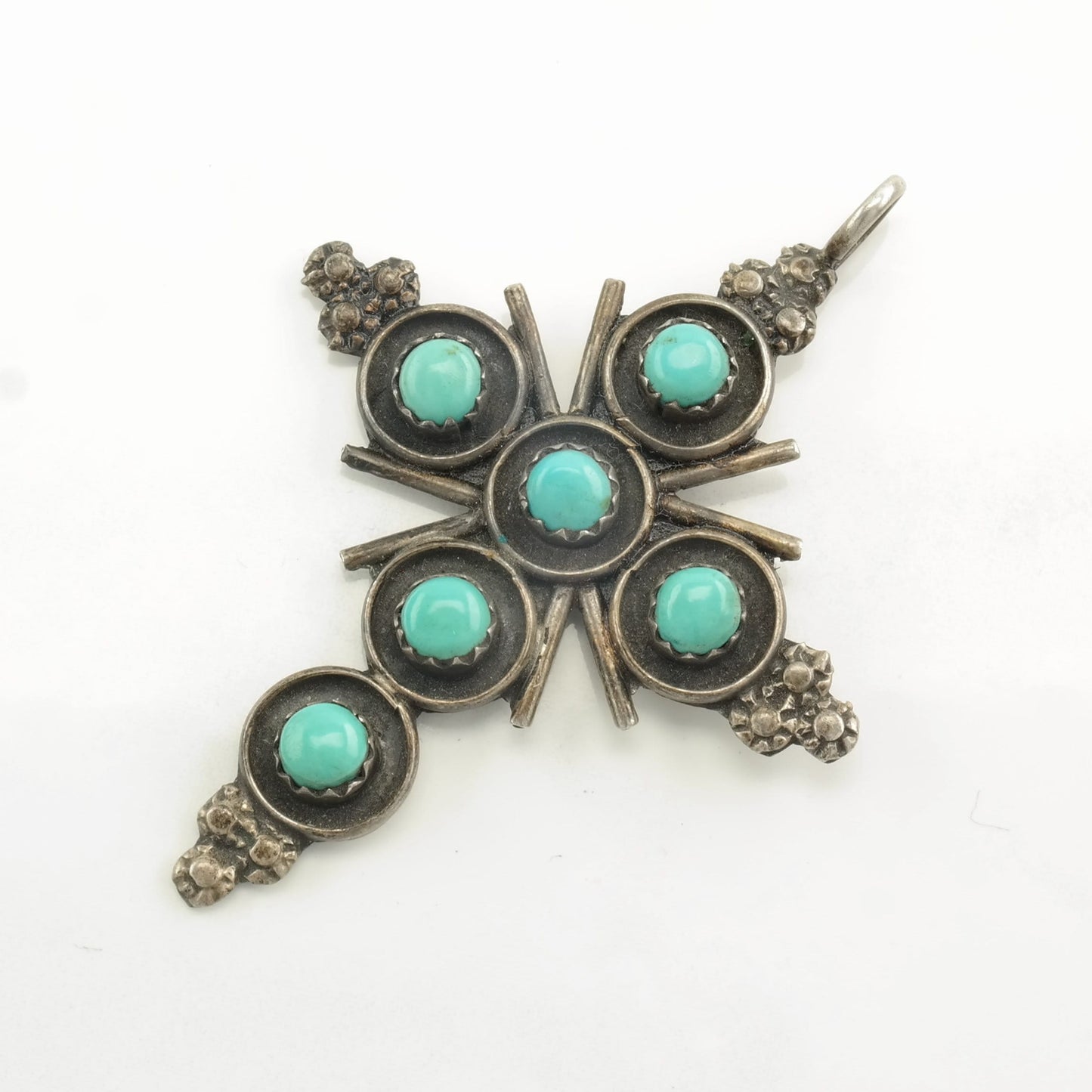 Zuni Turquoise Cross, Snake Eye Sterling Silver Pendant