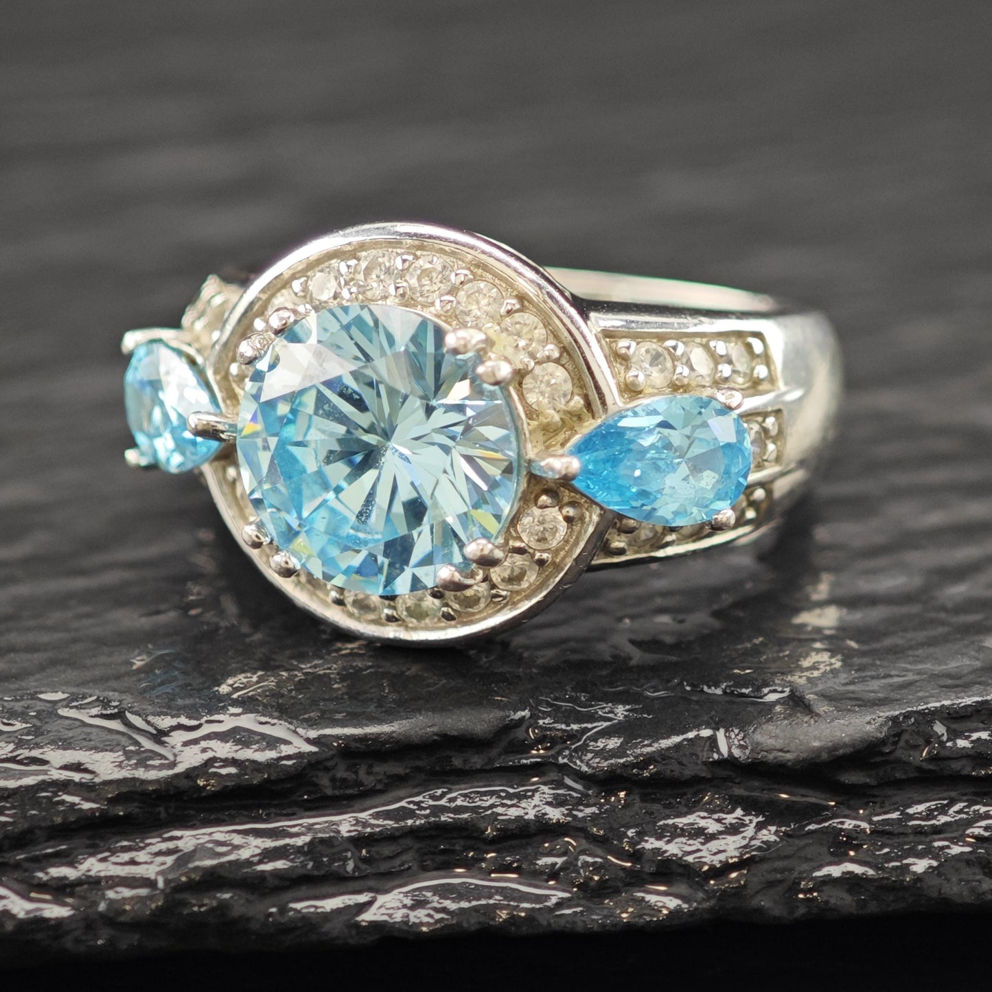 BBJ Blue CZ Sterling Silver Ring Bold Statement Stone Size 5 3/4 R6095