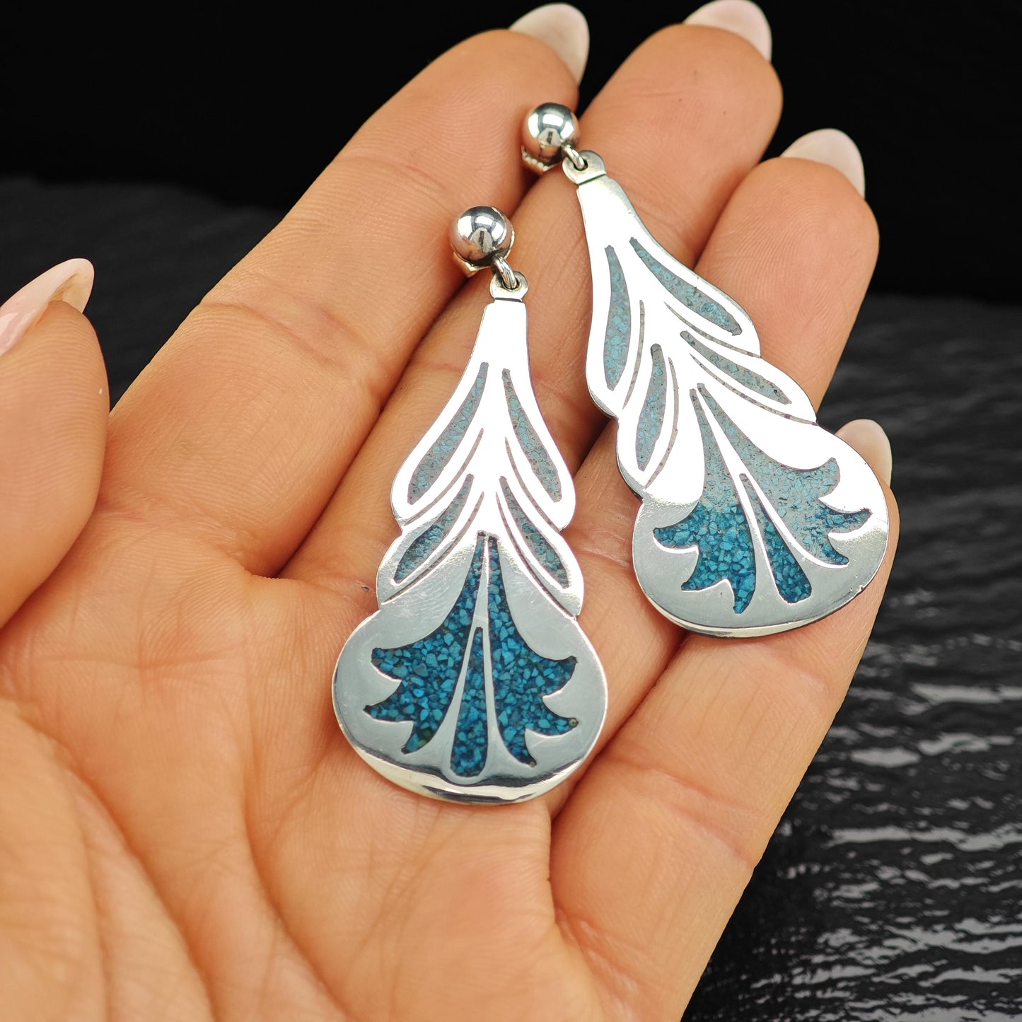 Blue Turquoise Chip Inlay Stud/Dangle Earrings Sterling Silver