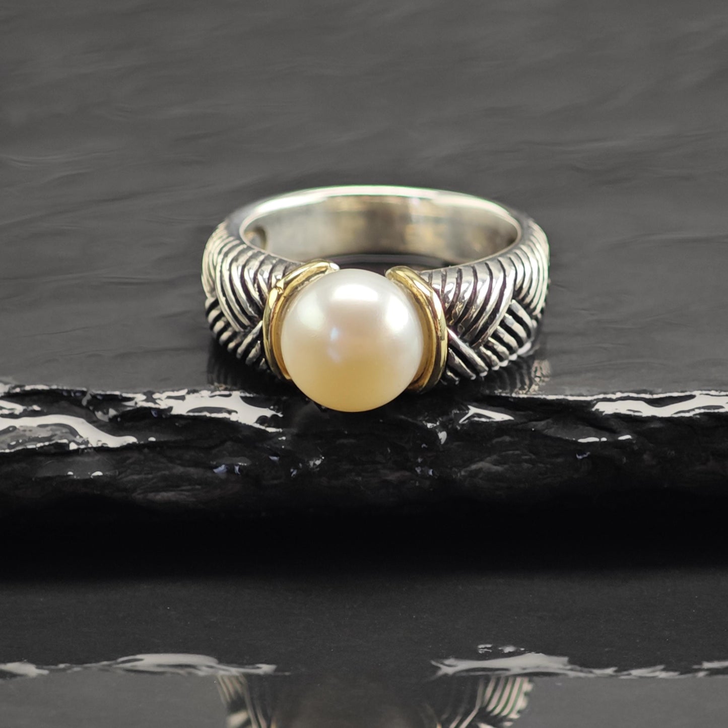 Pearl 14K Gold Accent Sterling Silver Ring Sz 7 R6732