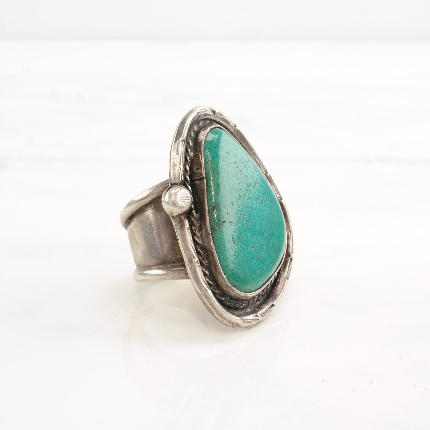 Native American Silver Ring Large Turquoise Triangle Sterling Size 9 3/4