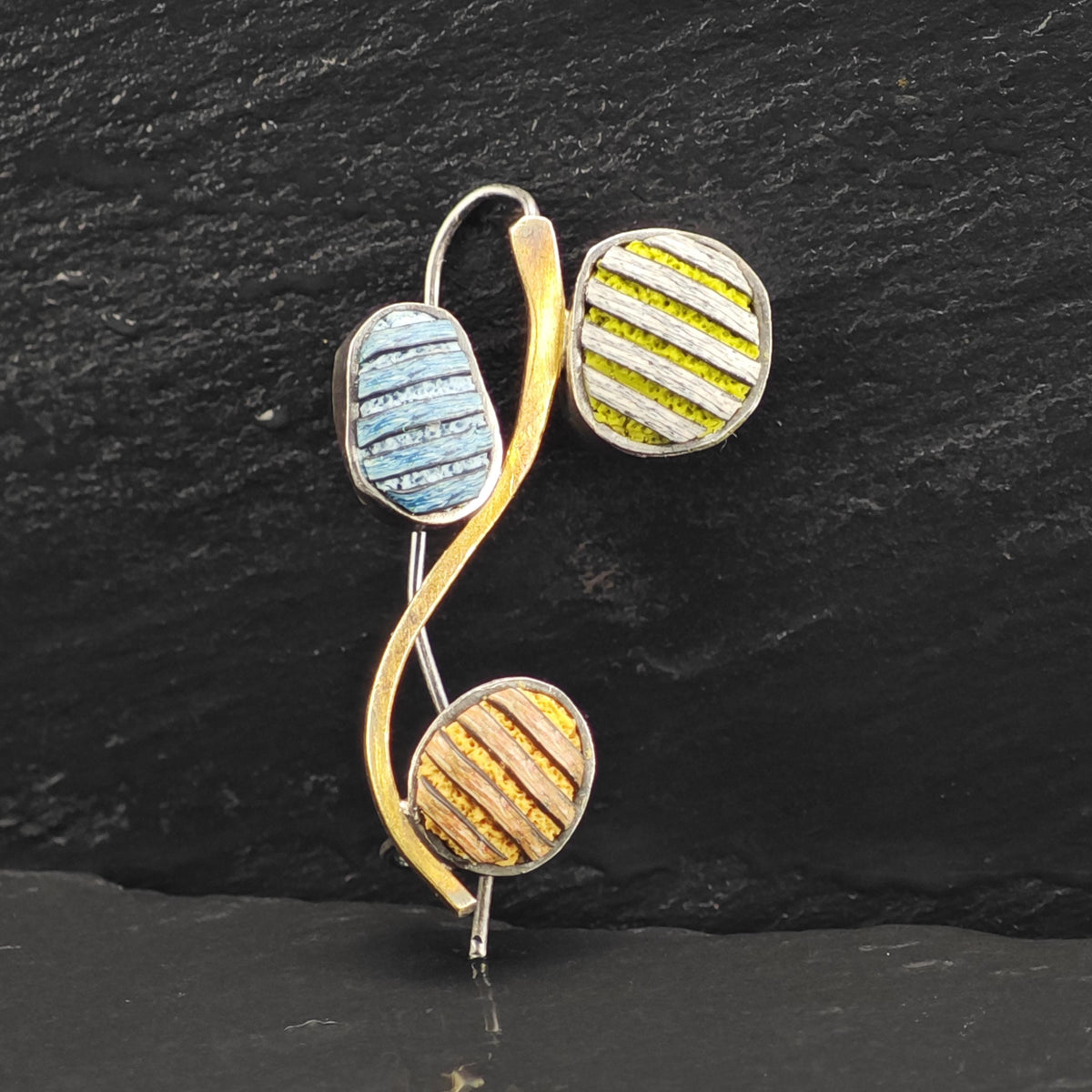 Artisan Abstract, Gold Accent Multicolor Carved Stones Sterling Silver Brooch B2253