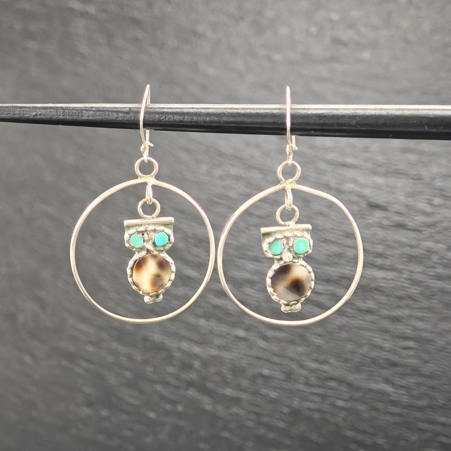 Zuni Inlay Hoop Earrings - Vintage Owl Design Sterling Silver