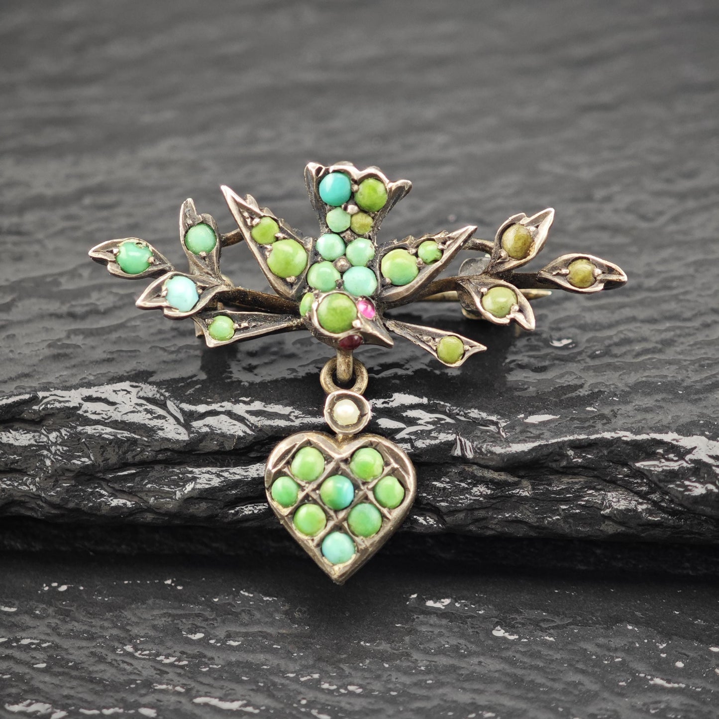 Victorian, Antique Bird, Heart Blue, Green Turquoise, Pink Ruby Brooch Sterling Silver
