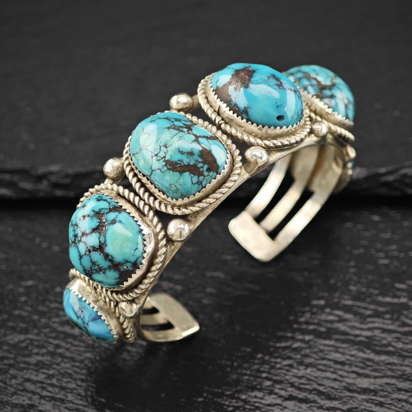 Vintage SW Six Spiderweb Turquoise Row Cuff Bracelet Sterling Silver Sz 6 1/2"