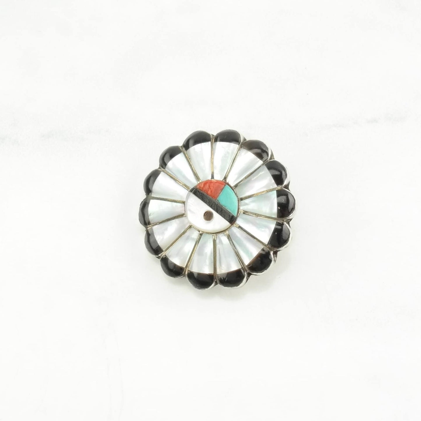 Vintage Native American Sterling Silver Brooch Pendant Inlay MOP, Onyx, Turquoise