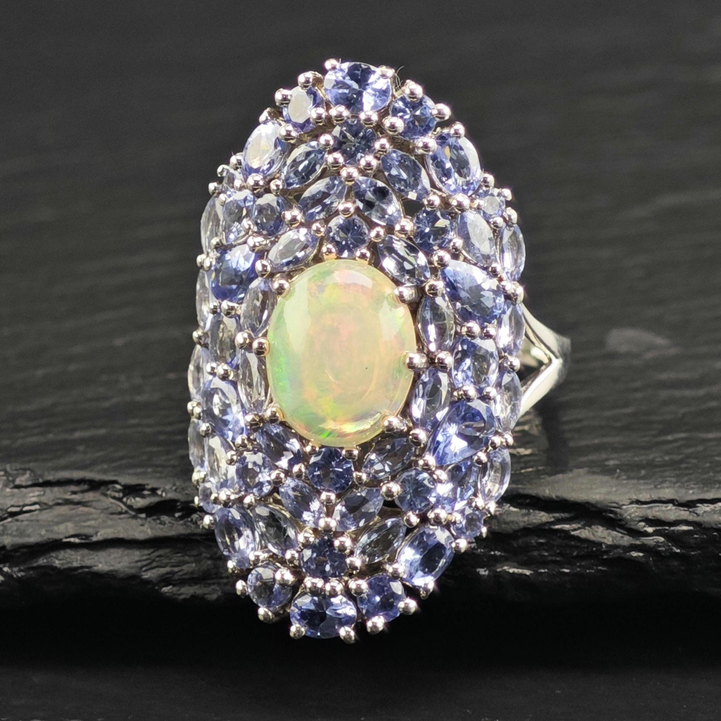 Opal & Tanzanite Cluster Sterling Silver Ring Sz 10 1/4 R6614