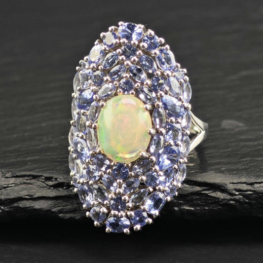 Opal & Tanzanite Cluster Sterling Silver Ring Sz 10 1/4 R6614