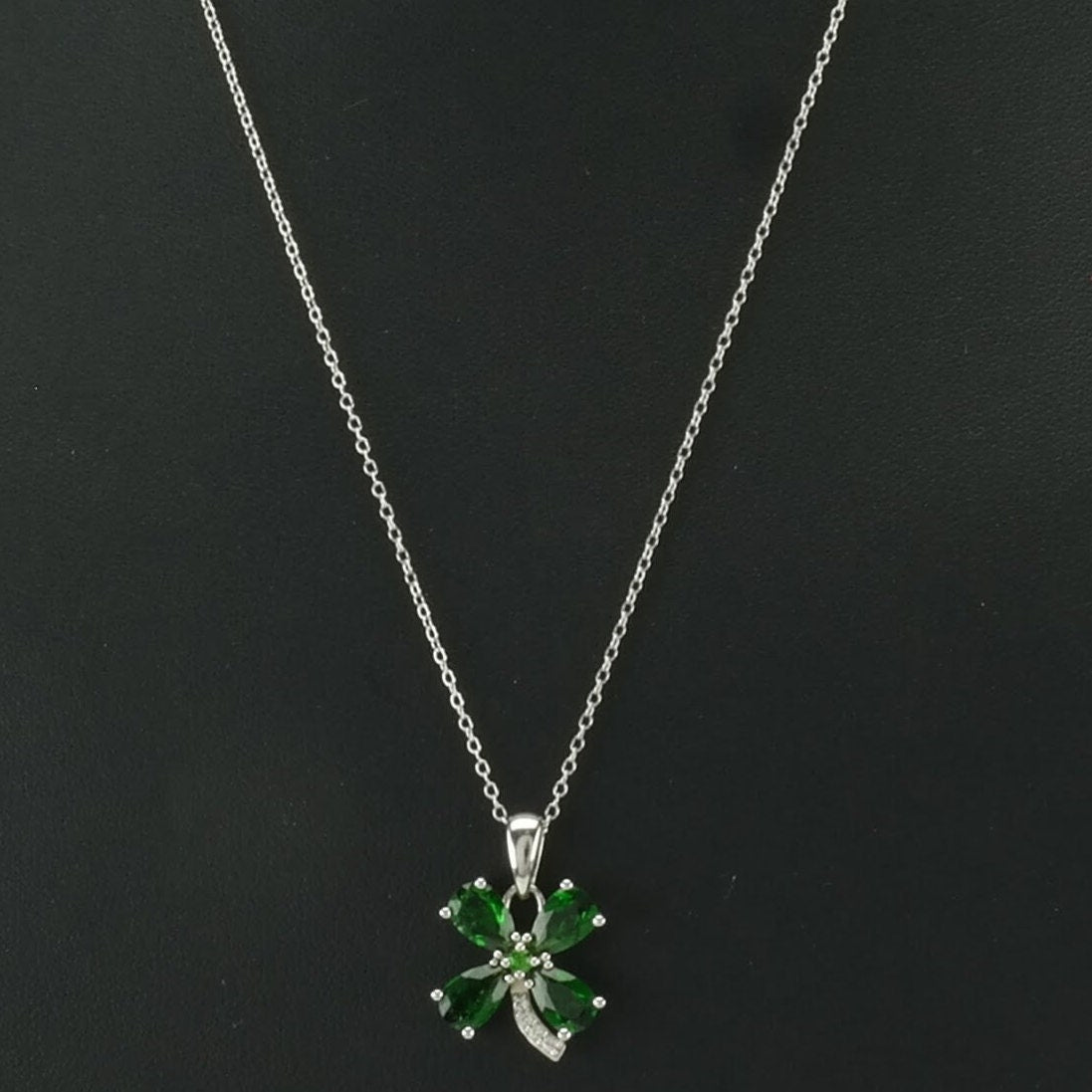 Four Leaf Clover Sterling Silver Green Chrome Diopside Necklace