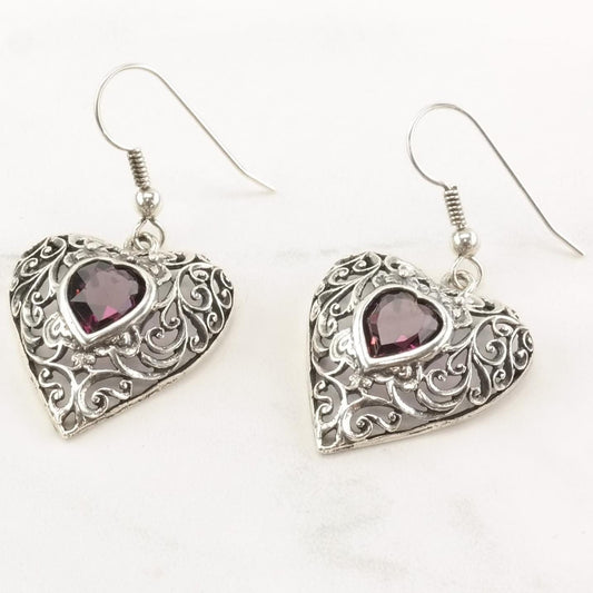 Art Deco Sterling Silver Paste Heart Filigree Earrings Fish Hook Dangle