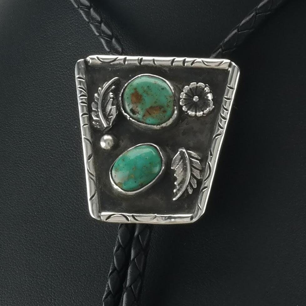 Green Turquoise Two Stone Bolo Tie Necklace Southwest Sterling Silver Vintage