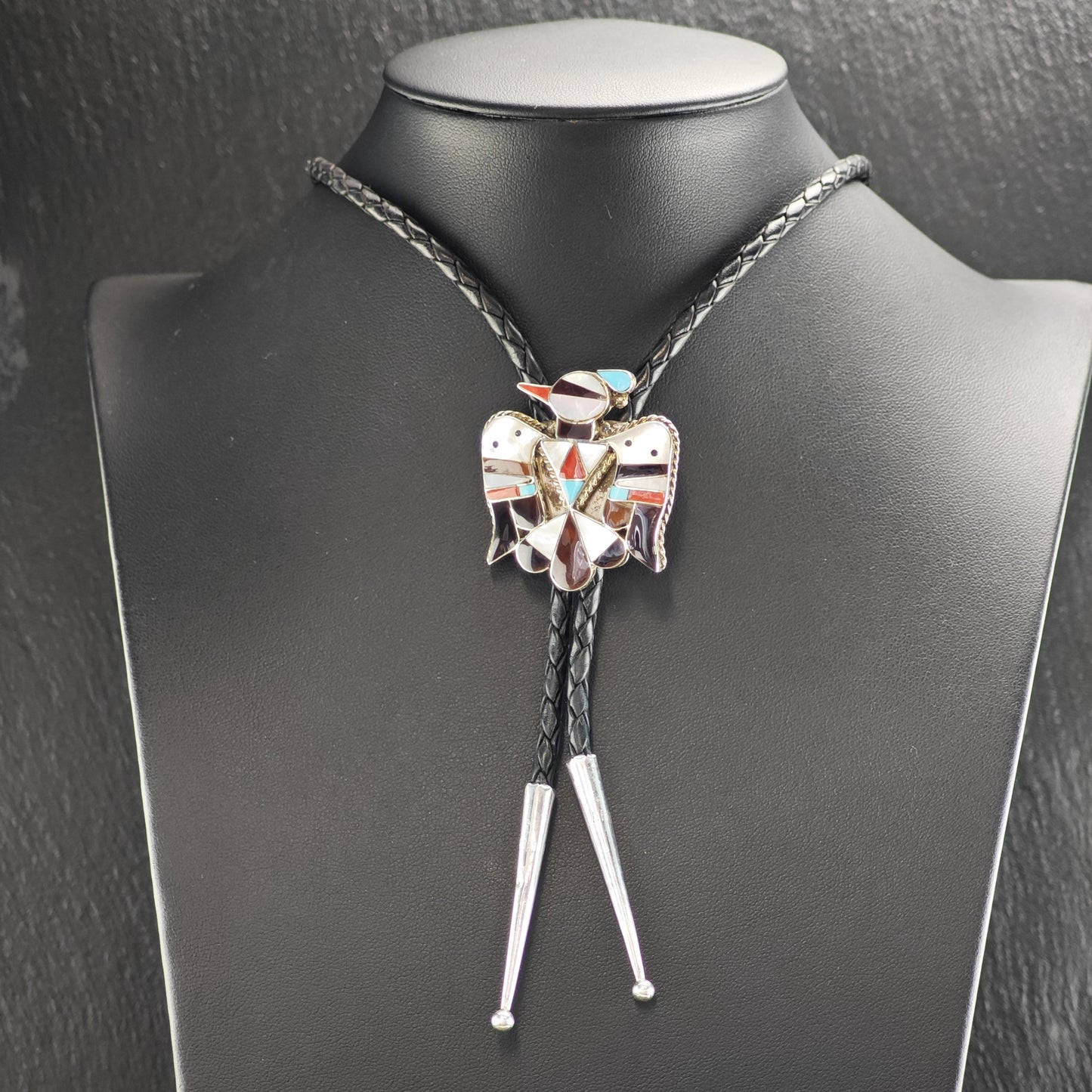 Vintage Native American Sterling Silver, Inlay Thunderbird Bolo Tie Necklace N2743