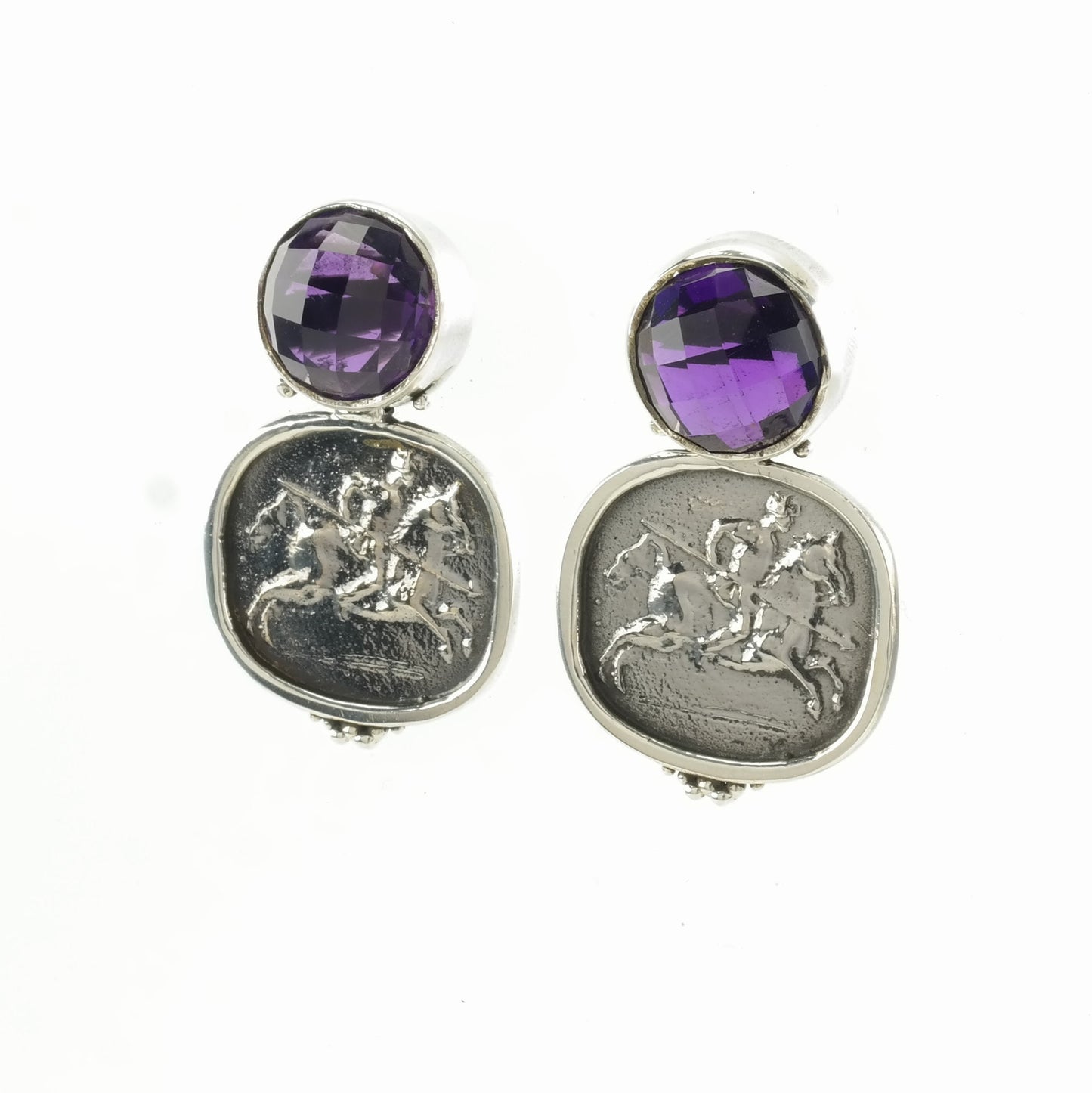 Vintage Sevan Stud Dangle Earrings Equestrian Sterling Silver Purple Amethyst Polo Rider