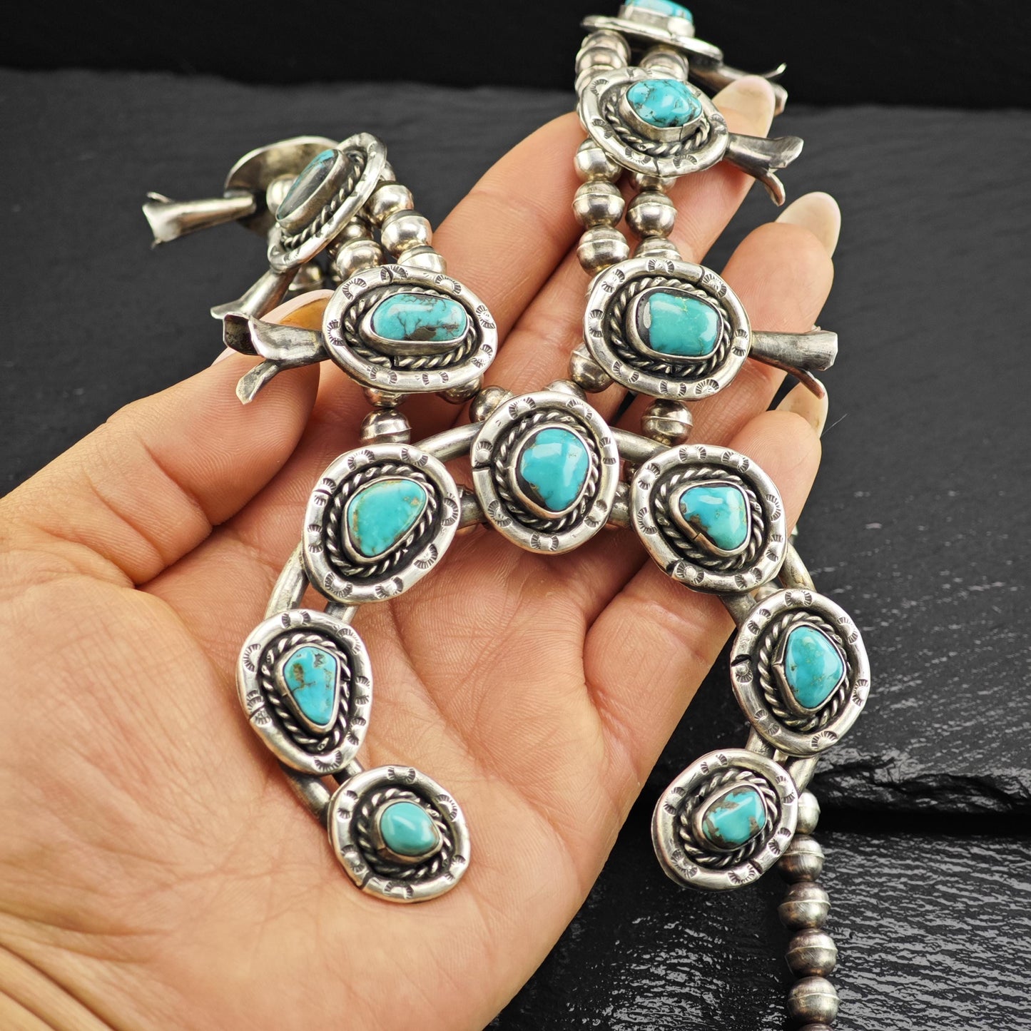 Squash Blossom Necklace with Blue Turquoise Stamped Native American Design Sterling Silver