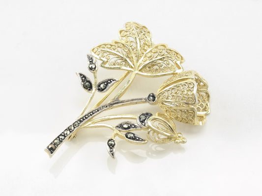 Sterling Silver Vintage Flower Brooch Marcasite Gold Hue