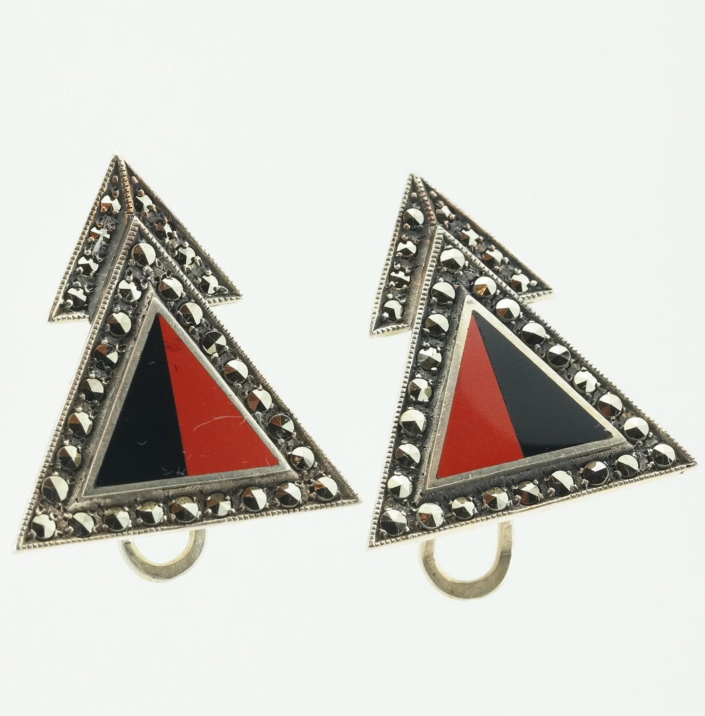 Geometric Sterling Silver Red Black Enamel, Marcasite Earrings