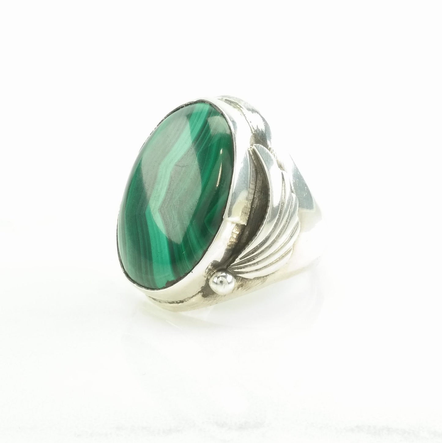 Large Silver Ring Malachite Leaf Sterling Green Size 9 1/2