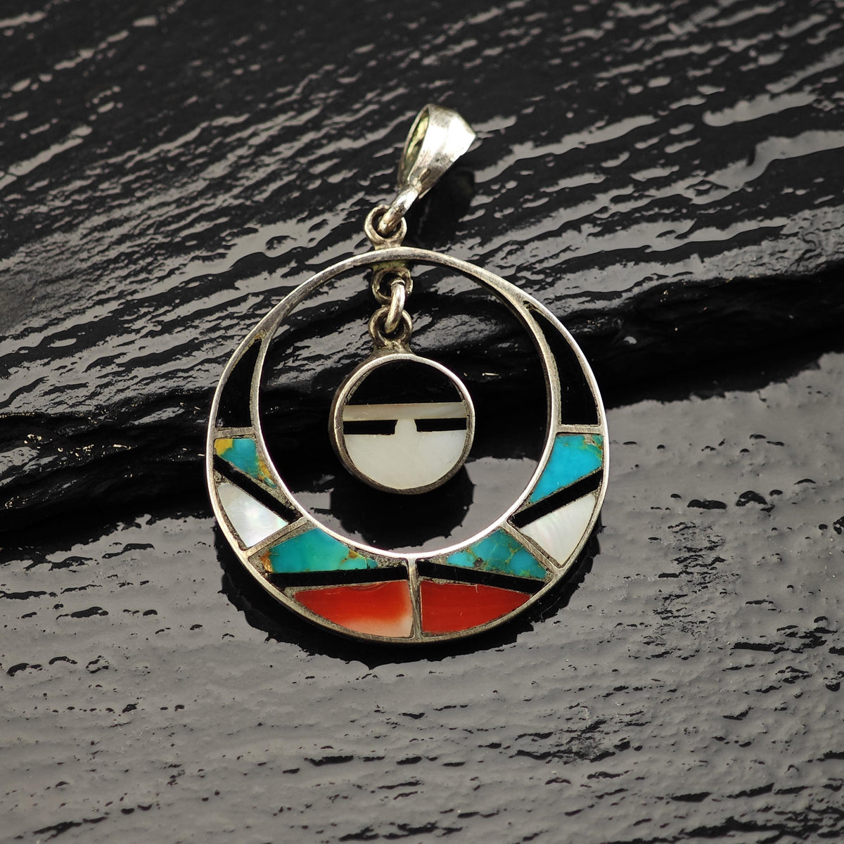 Native American Sunface Multistone Inlay Sterling Silver Pendant P3163