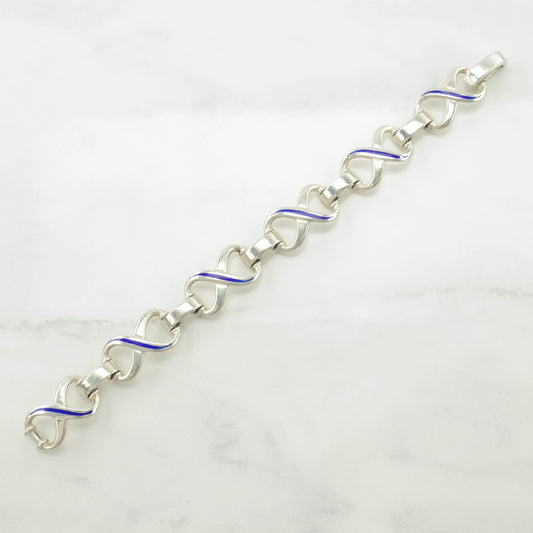 Vintage Italy Sterling Silver Link Bracelet Blue Enamel Figure 8