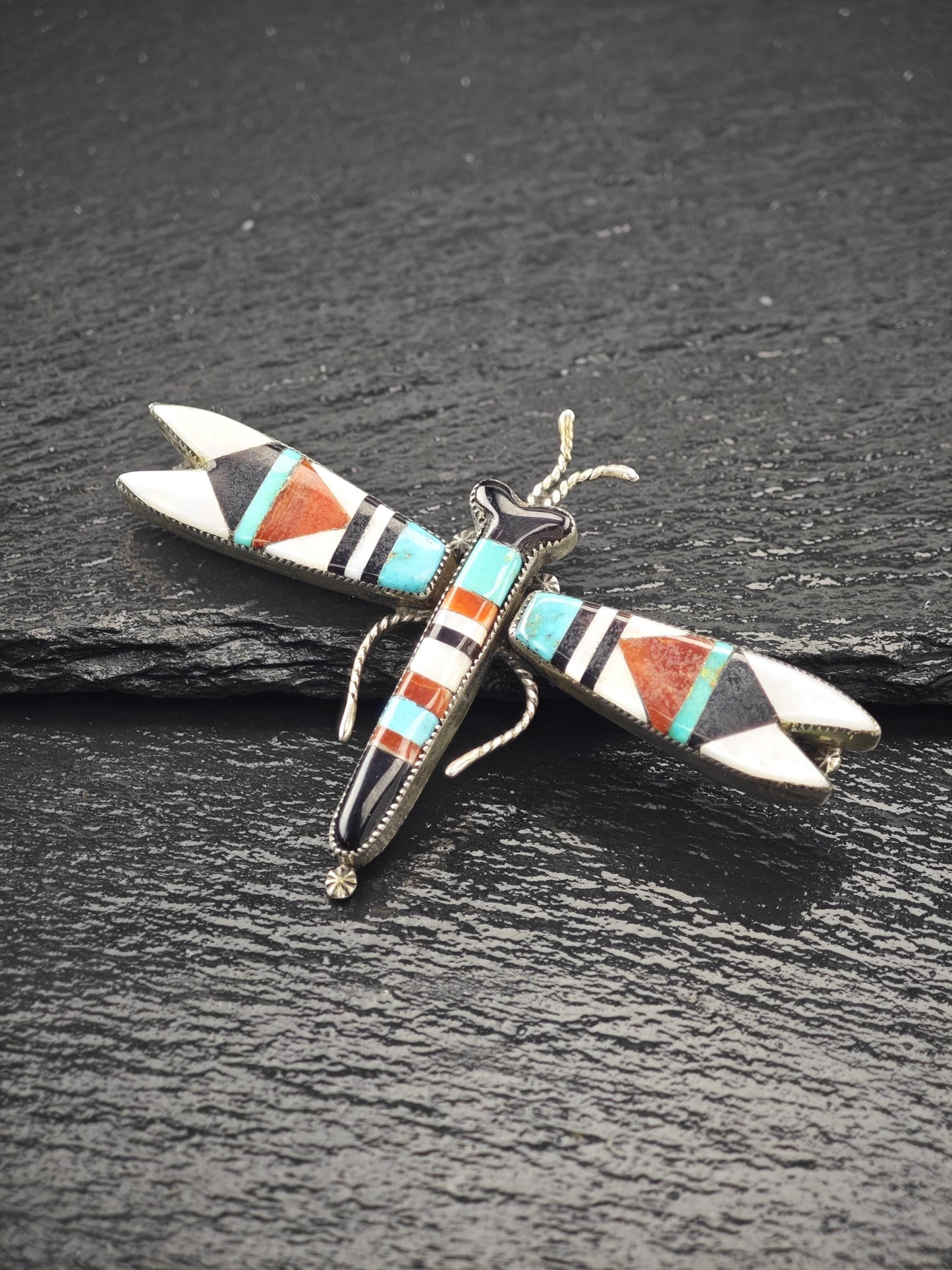 Attr. Lambert Homer Sr, Native American, Zuni Inlay, Dragonfly Brooch/Pendant Sterling Silver