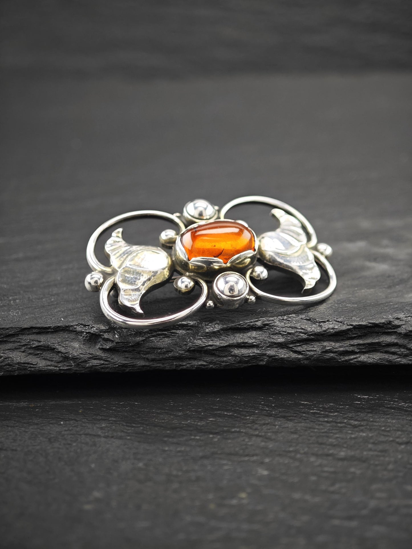 Antique, Georg Jensen 236A, Amber Brooch Sterling Silver
